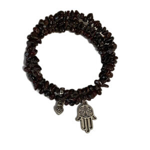 Genuine Garnet Gemstone Beaded Bracelet with Hamsa Charm, January Birthstone